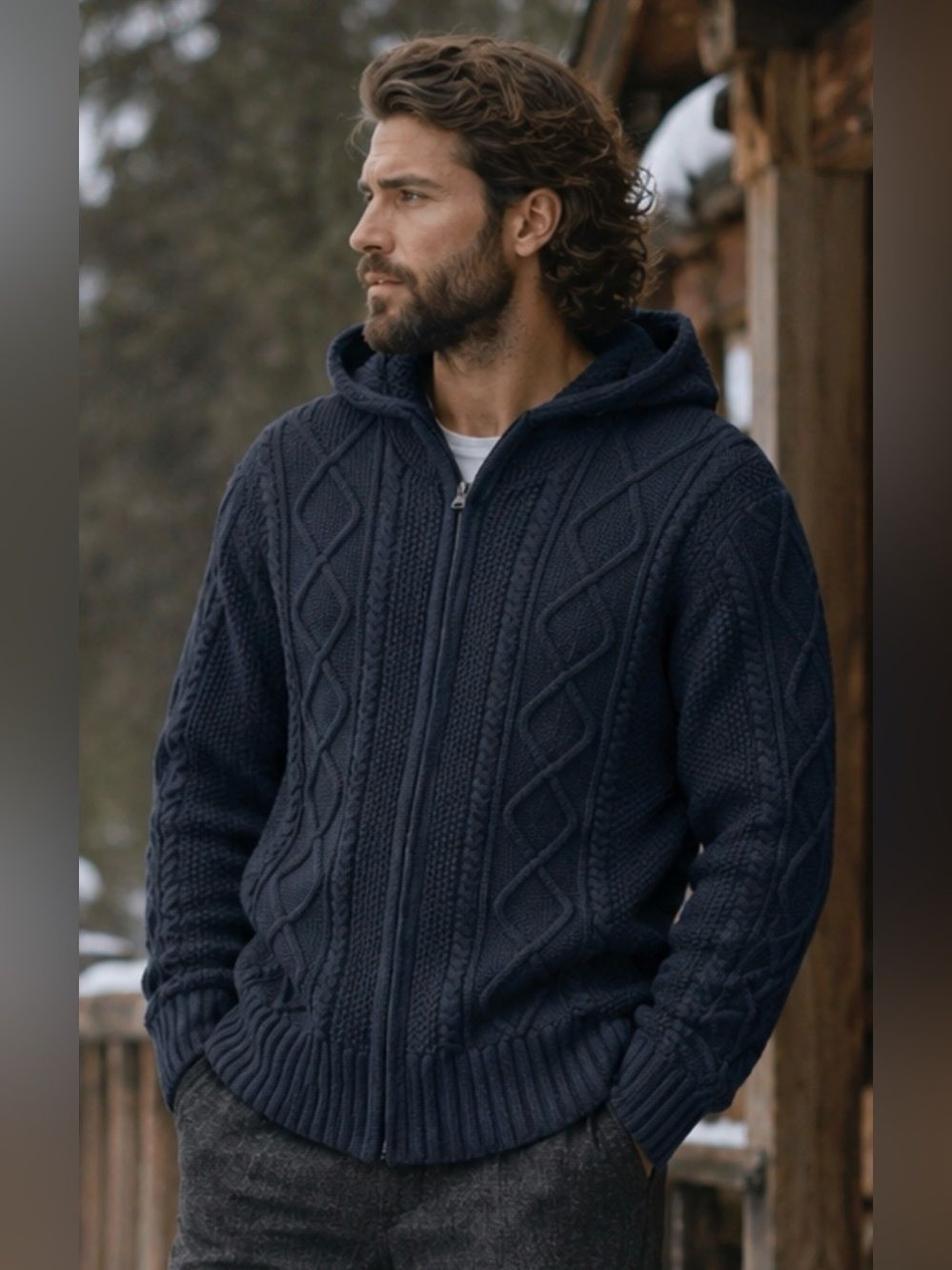 GAP Navy Blue Textured OpenFront Hooded Cardigan Full Zip Wool Cotton Blend Sz M